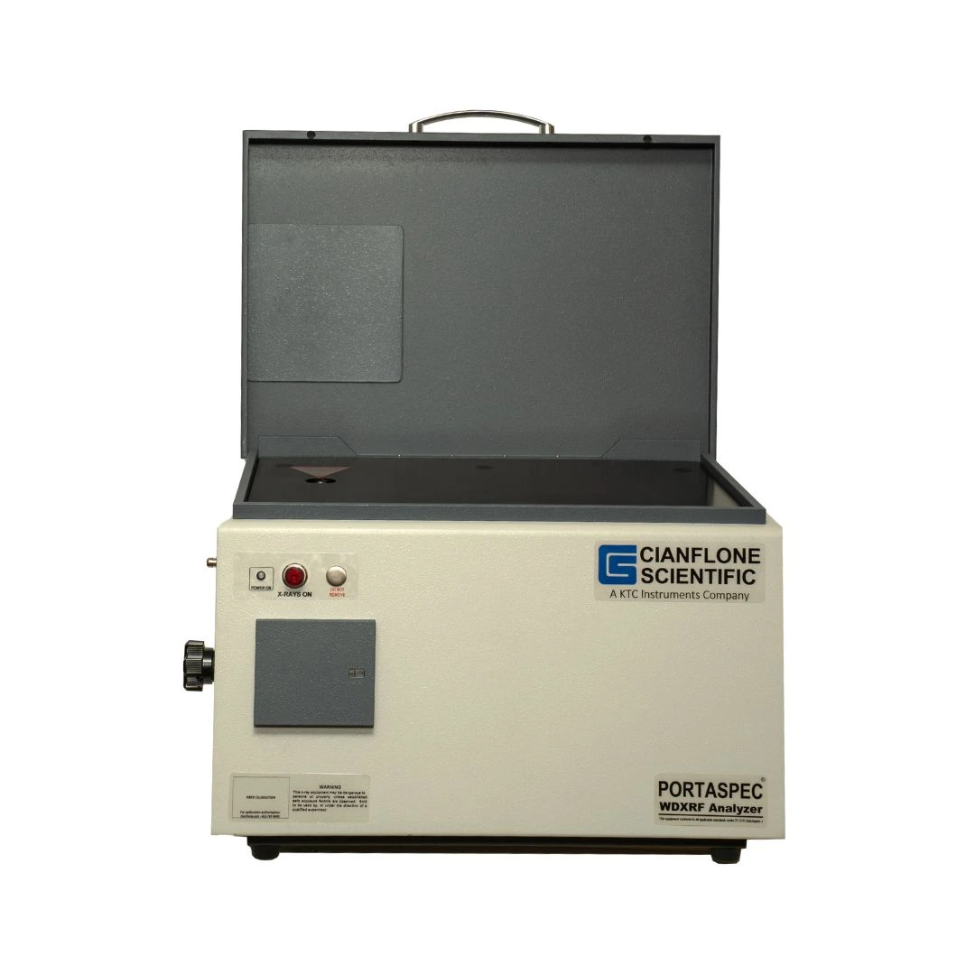 PortaSpec® Series X WDXRF analyzer—open with sample stage and controls visible